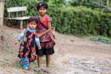 CHIN STATE, MYANMAR - JUNE 22 2015: Local village girls in the recently opened for tourists Chin State Mountainous Region, Myanmar (Burma)